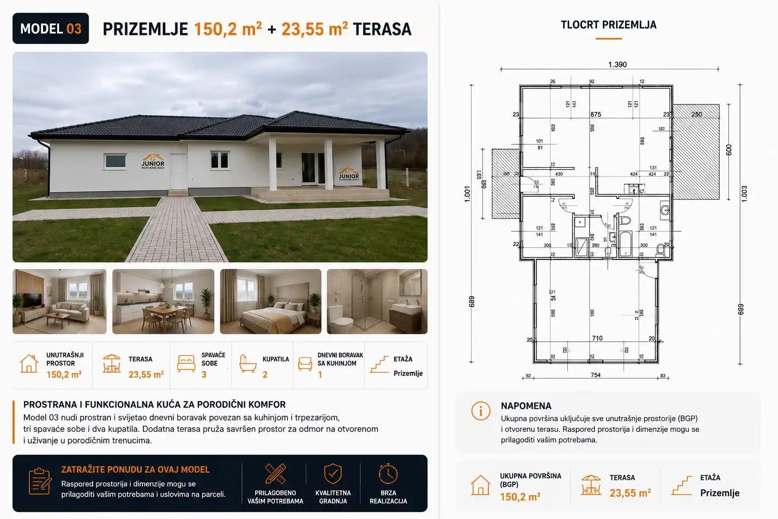 Junior 150 velika prizemna montažna kuća sa prostranom terasom