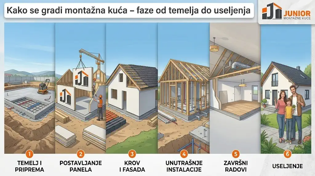 Saznajte kako se gradi montažna kuća, od pripreme parcele i temelja do montaže konstrukcije, krova, instalacija, završnih radova i useljenja.